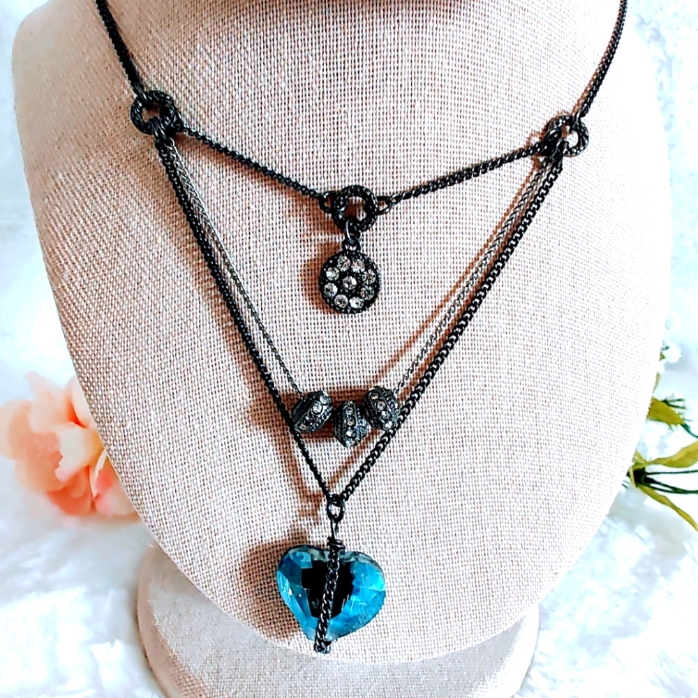Simply Vera Wang Black and Blue Layered Necklace With Blue Crystal Heart.